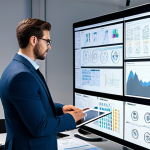 A professional animation planner, focused and deeply engaged in strategic thinking, observing a large digital project board displaying complex storyboards and project timelines. The planner is fully clothed in a modest business suit, standing in a modern, well-lit animation studio office. The desk in front features a high-end tablet with concept art and notes, showcasing correct proportions and natural body language. The atmosphere is innovative and professional. safe for work, appropriate content, fully clothed, professional photography, perfect anatomy, well-formed hands, proper finger count, high quality.
