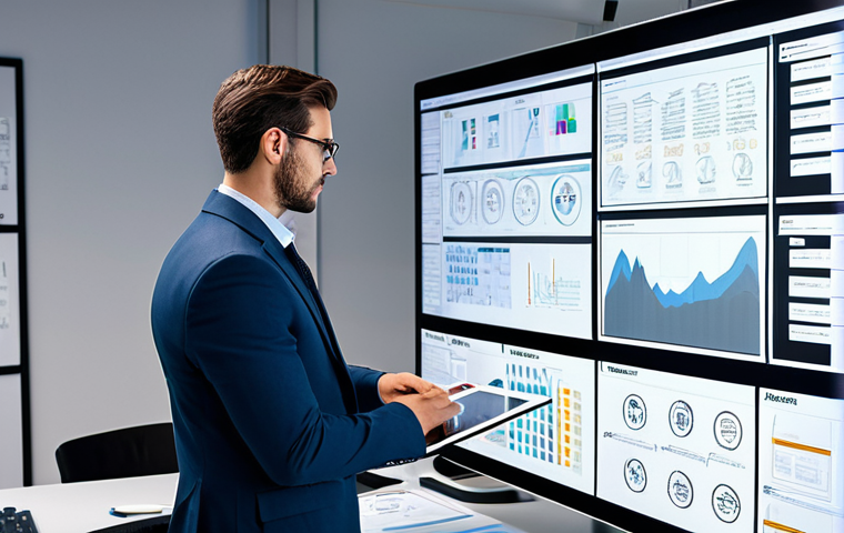 A professional animation planner, focused and deeply engaged in strategic thinking, observing a large digital project board displaying complex storyboards and project timelines. The planner is fully clothed in a modest business suit, standing in a modern, well-lit animation studio office. The desk in front features a high-end tablet with concept art and notes, showcasing correct proportions and natural body language. The atmosphere is innovative and professional. safe for work, appropriate content, fully clothed, professional photography, perfect anatomy, well-formed hands, proper finger count, high quality.