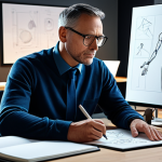A professional animation director, an adult, fully clothed in professional business casual attire, focused intently on a high-tech digital drawing tablet on a modern, clean desk. The desk is surrounded by scattered concept art sketches, open notebooks, and colorful visual references pinned to a large mood board in a vibrant, sunlit animation studio. The atmosphere is one of intense creativity and quiet concentration. High-detail, cinematic lighting, professional photography, appropriate content, safe for work, perfect anatomy, correct proportions, natural pose, well-formed hands, proper finger count, natural body proportions, modest clothing.