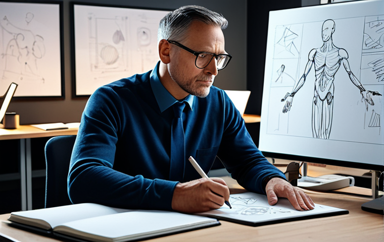 A professional animation director, an adult, fully clothed in professional business casual attire, focused intently on a high-tech digital drawing tablet on a modern, clean desk. The desk is surrounded by scattered concept art sketches, open notebooks, and colorful visual references pinned to a large mood board in a vibrant, sunlit animation studio. The atmosphere is one of intense creativity and quiet concentration. High-detail, cinematic lighting, professional photography, appropriate content, safe for work, perfect anatomy, correct proportions, natural pose, well-formed hands, proper finger count, natural body proportions, modest clothing.