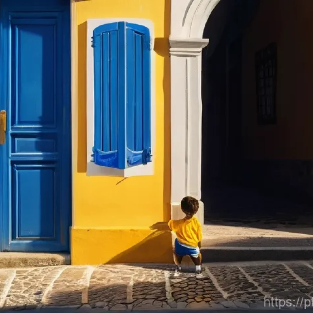 애니메이션 기획에서 아이디어 발굴 방법 - **Prompt:** A whimsical, sun-drenched street scene in a historic Portuguese city. A curious 6-year-o...
