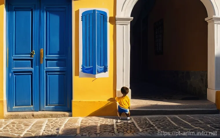 애니메이션 기획에서 아이디어 발굴 방법 - **Prompt:** A whimsical, sun-drenched street scene in a historic Portuguese city. A curious 6-year-o...