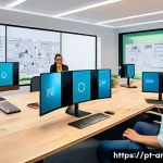 Home 22 애니메이션 기획사에서 사용하는 협업 도구 - A vibrant digital animation studio workspace showing a diverse creative team collaborating remotely ...