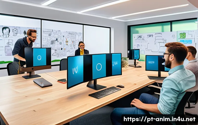 애니메이션 기획사에서 사용하는 협업 도구 - A vibrant digital animation studio workspace showing a diverse creative team collaborating remotely ...