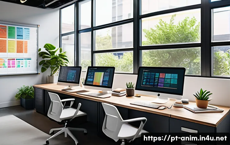 애니메이션 기획사에서의 워라밸 관리법 - A modern animation studio workspace with diverse professionals collaborating around digital screens ...