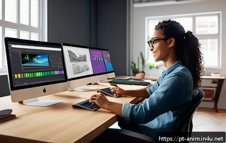 애니메이션 기획사의 직무 성장 계획 - A modern animation studio workspace with diverse young professionals collaborating around digital dr...